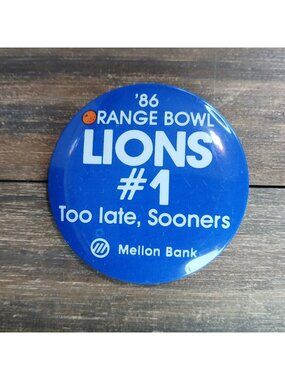 1980's Orange Bowl Pin Lions #1 Too Late Sooners Mellon Bank Sponsor Bag Gear